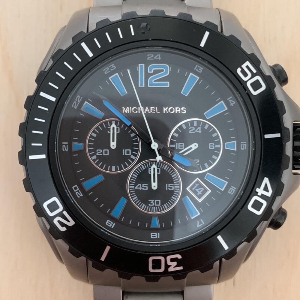 Michael Kors Gunmetal Bracelet Watch with Black Bezel and Blue Dial Accents 44mm - Picture 2 of 5